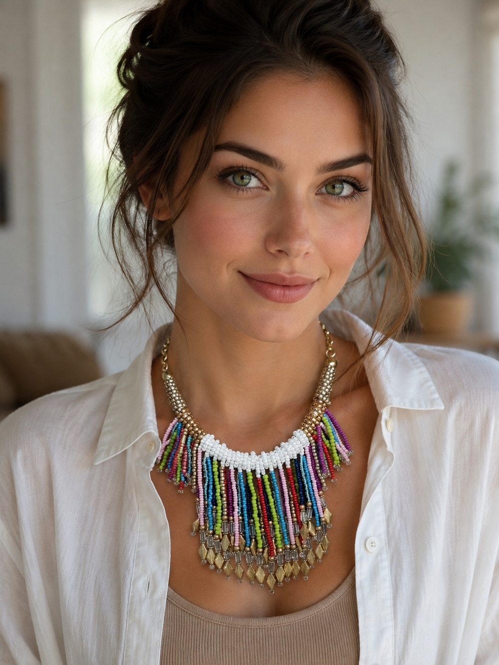 Chico's Multicolor Beaded Fringe Necklace with Gold Accents